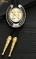 Rodeo Bolo Tie Western Cowboy Black Leather Necktie New Initial N A3431