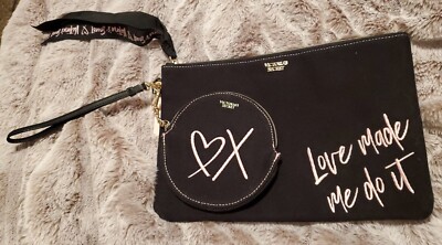VICTORIA's SECRET ''Love Made Me Do It'' Duo 2 piece set BLACK Cosmetic Pouch Coin