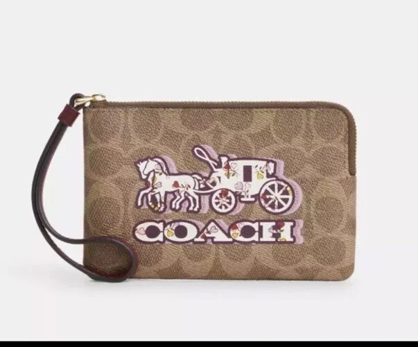 Borsa da polso Coach Signature tela carrozza cavalli stampa floreale cerniera angolare nuova con etichette