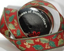  9 Wired Holly Christmas Ribbon 1 1/2" X 10 yards Red  Green