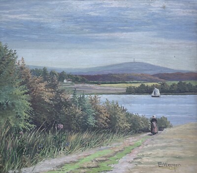 Impressionist Seascape Woman on Shore Sailboat Sky Oil Painting c1900