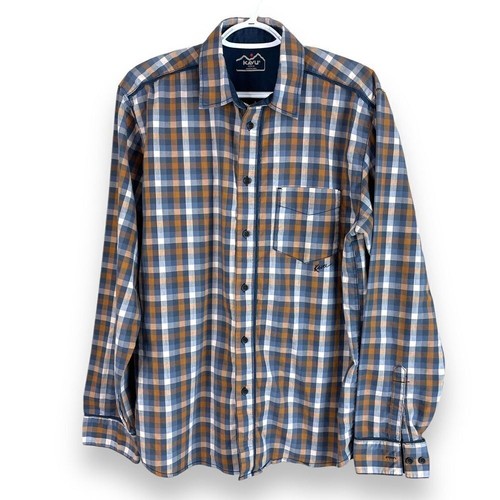 Kavu Button Up Shirt Mens M Blue Brown Check Long Sleeve Cotton - Picture 2 of 5