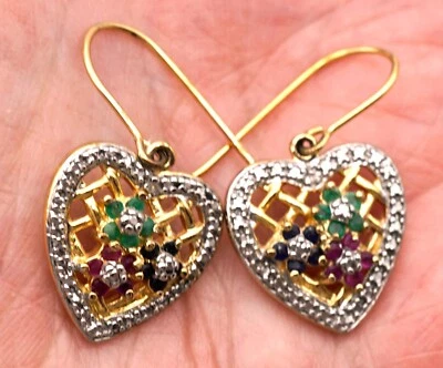 Heart Shaped Gilt Sterling Silver Earrings with Rubies Sapphires and Emeralds - Image 1 of 4