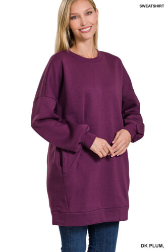 Women Round or V Neck Oversized Long Sweatshirt Loose Warm Fleece Top w/ Pockets - Picture 7 of 32