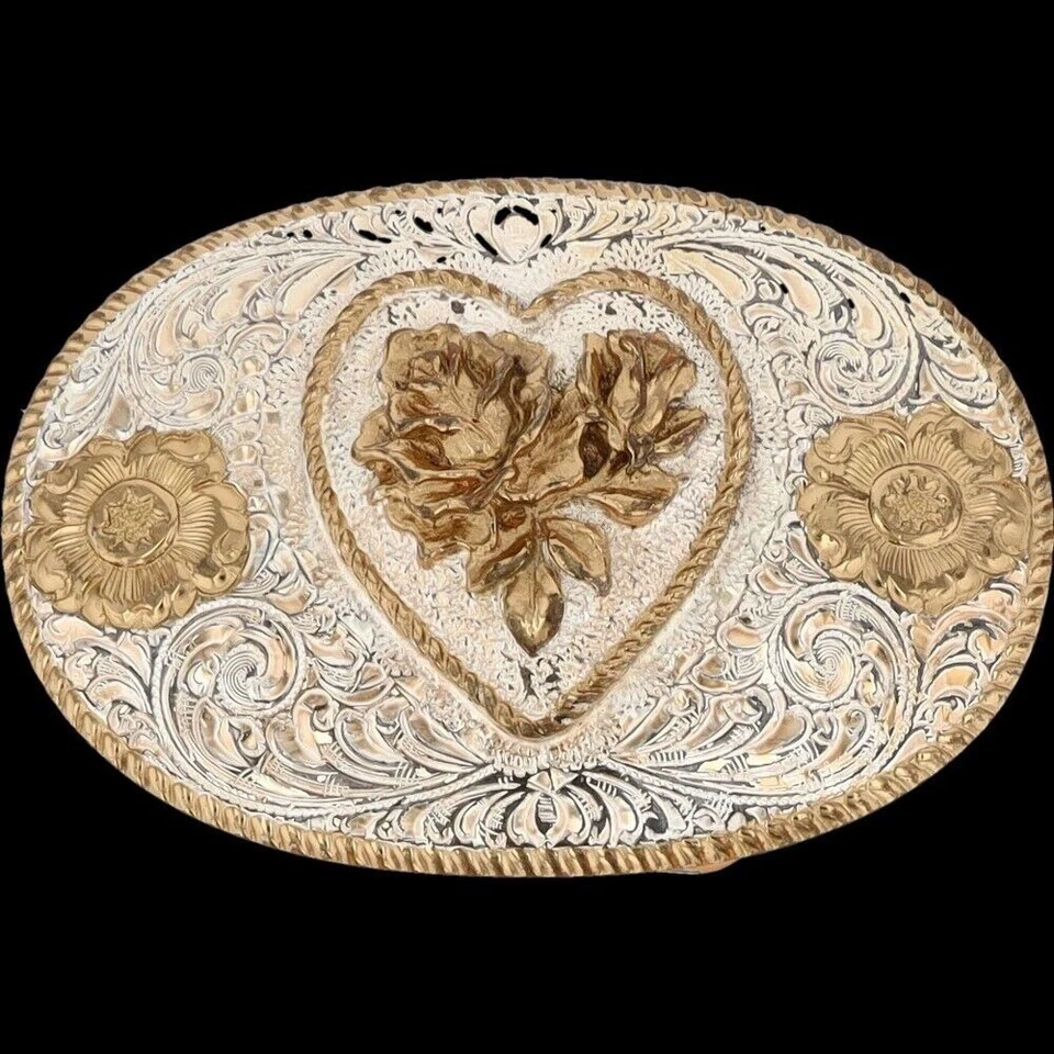 Hebilla de cinturón vintage G plateada rosa flor femenina vaquera niñas rodeo años 80 Foto 3 de 4