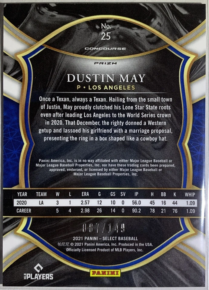 🔥DUSTIN MAY #'d/149 2021 Panini Select Blue Prizm FREE SHIPPING🔥  - Image 3 of 4