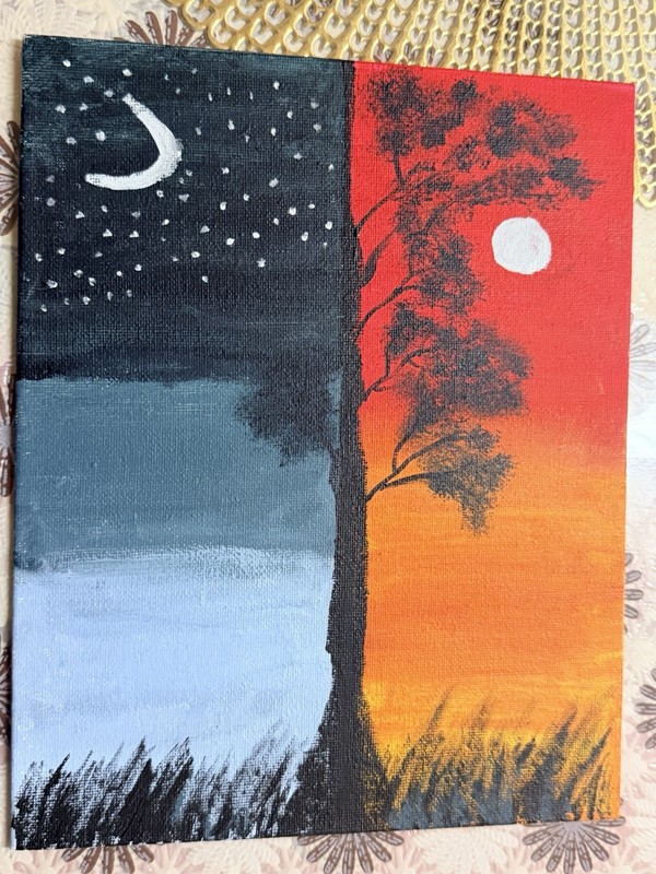 Contemporary Tree Landscape Painting on Canvas, Sun & Moon Night Sky, Unframed