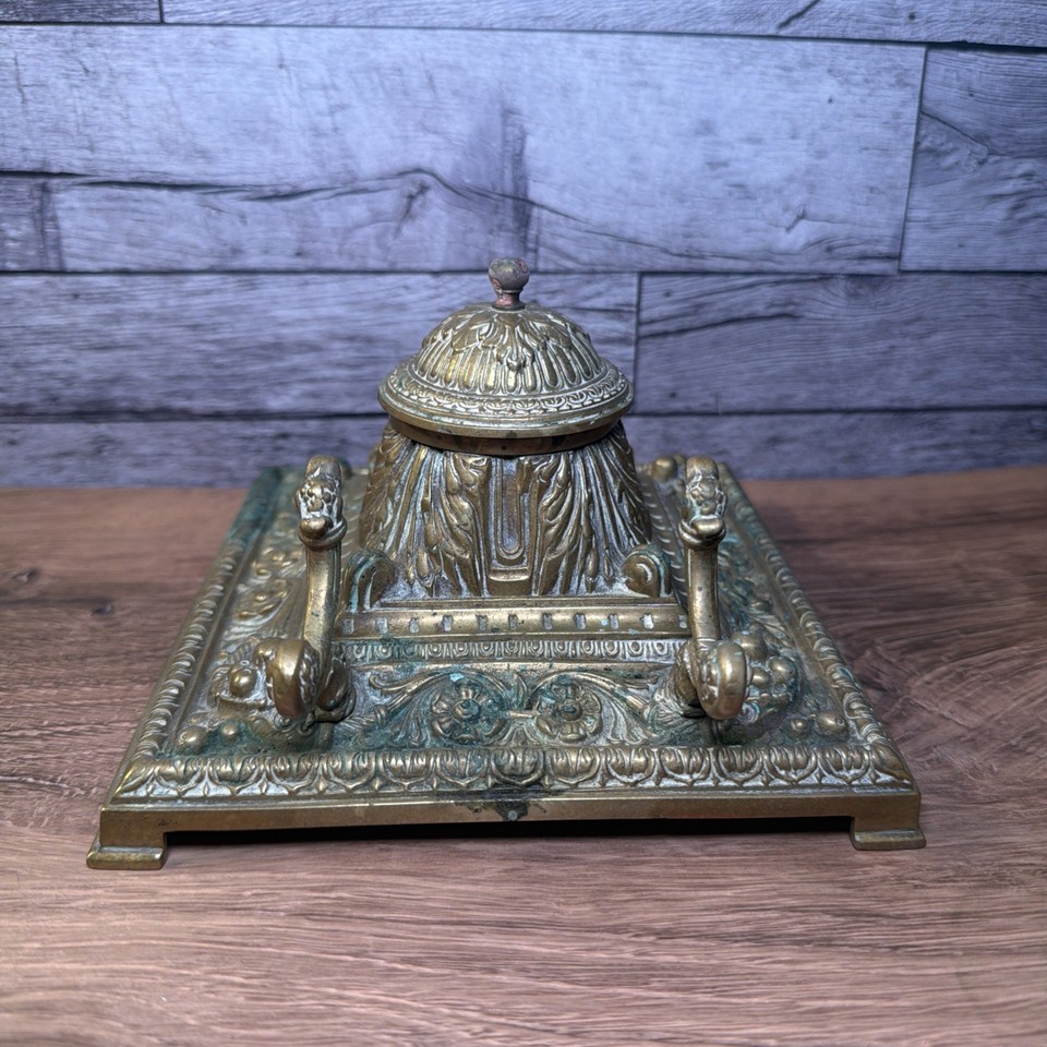 Antique Ornate Cast Brass Desk Inkwell Stand Victorian Rococo Pen Tray Stamped