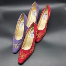 Maggie Sweet Floral Embroidered Rhinestone Pointed Toe Kitten Heel Pumps 9 9.5