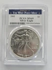 🔥2002 $1 American Silver Eagle PCGS MS69 West Point Label White Frame
