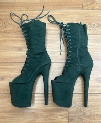 EX Pleaser Flamingo-1051 8'' Heel Lace Up Stiletto Emerald Green Suede High Boot