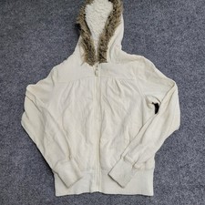 Jacket Hoodie Womens Size M Ivory Full Zip Faux Fur Sherpa Lined Hood Pockets