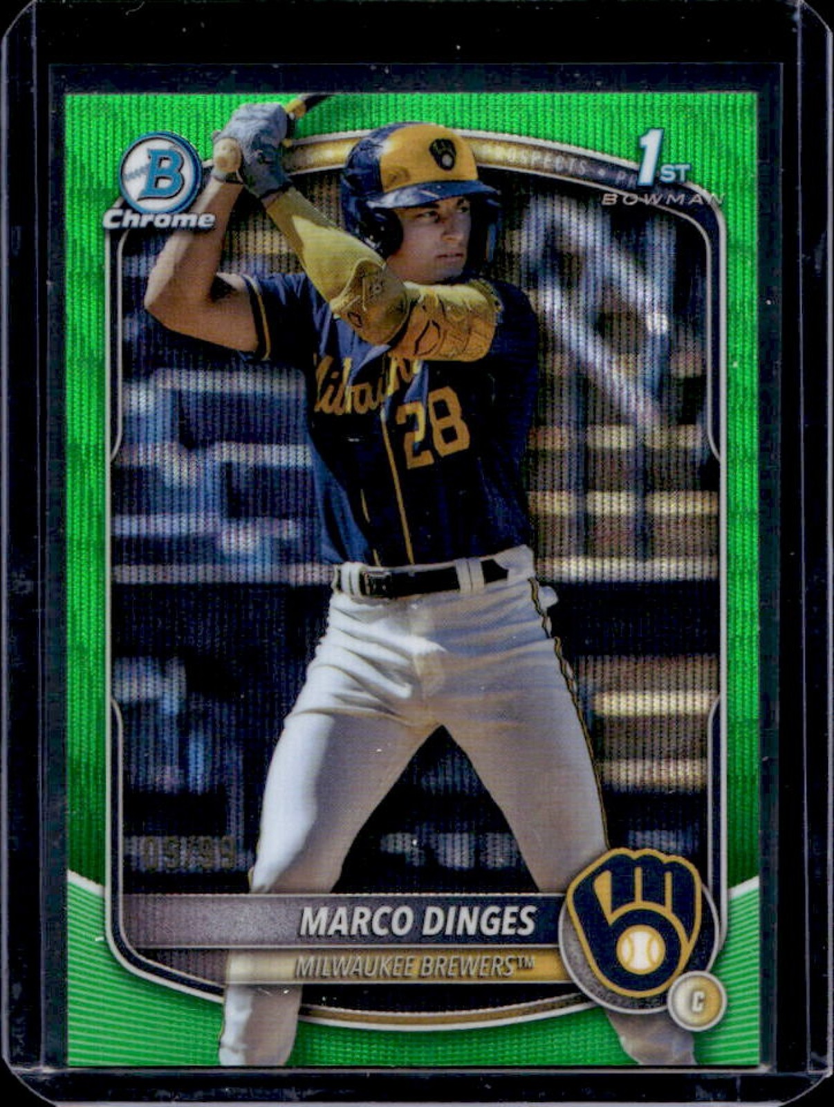 2025 Bowman Chrome Marco Dinges Green Wave Refractor 1st #/99 Brewers