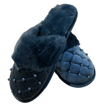 Avon Slippers Women 5/6 Small Blue Studio 1886 Beaded Faux Fur Mule House Shoes