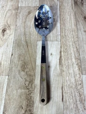 Vintage Robinson Knife Co Spoon w/Holes 12” Stainless Steel Brown Wood Handle