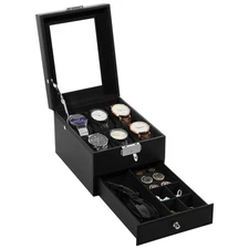 6 Slots Jewelry Storage Display Case PU Leather Watch Box Watch Case Clear Top