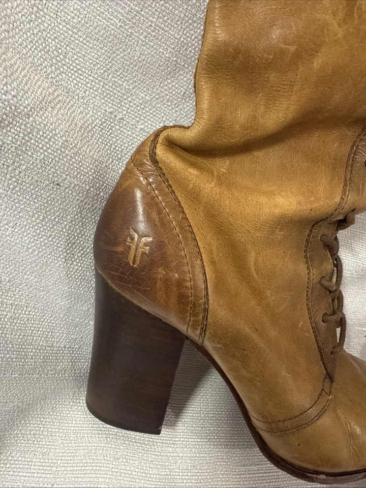 Botas altas Frye Parker de cuero con cordones de cuero marrón tacón alto apilado talla 9 Foto 4 de 4