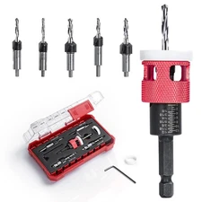 5 Pcs Countersink Drill Bit Set HSS M2 1/4" Hex Shank Depth Stop Red