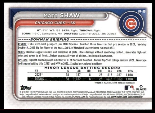 2024 Bowman #BP-30 Matt Shaw - Picture 2 of 4