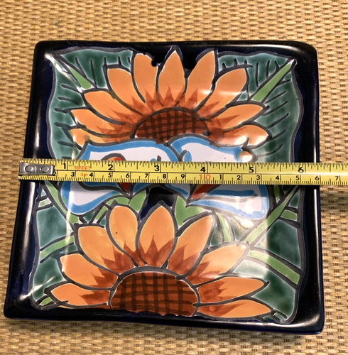 Talavera Pottery Square Dish Trinket Tray Cobalt Sunflower Calla Lily 6.25" - Picture 7 of 9