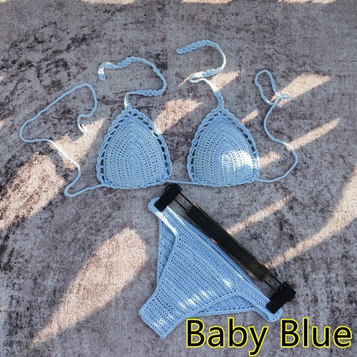 Handmade Crochet Bikini Set Baby Blue Beach Women Swimwear Chest Pad - Picture 13 of 15