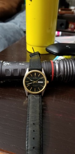 mens Elgin President Calendar Day Date Gold Plated SS Black Face dress watch - Picture 2 of 9