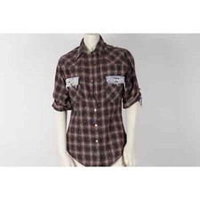 Riley Brown Plaid Check Cotton Distressed Short Sleeve Snap Western Shirt Size S