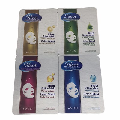Set of 4 Avon SILCOT SOLUTION FACIAL MASKS: Water/Nutrition/Bright/Soothing NEW