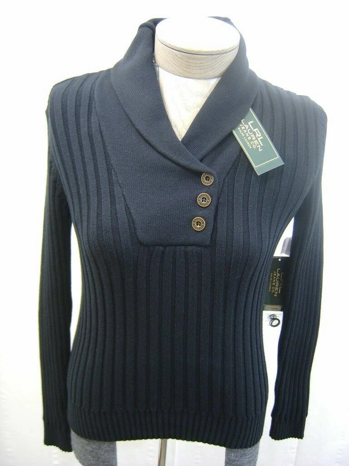 Ralph Lauren Mujer Cable Nuevo Chal Suéter Sudadera Pequeña S Negro Dorado Botón Foto 3 de 4