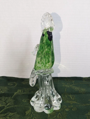 Vintage Murano Style Hand Blown Glass Cockatiel Cockatoo Bird Green 9.5"  EUC