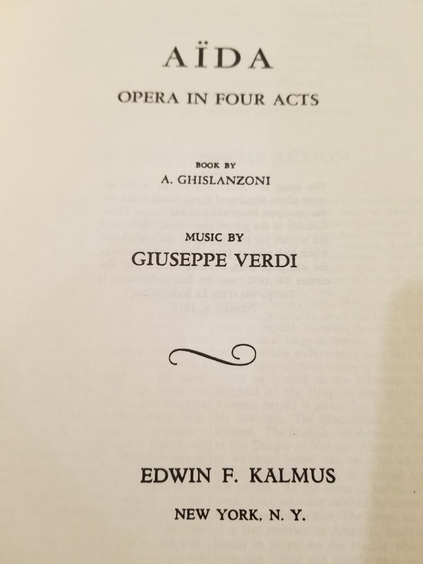 Program or Book GRAND OPERA LIBRETTO "AIDA" by GIUSEPPE VERDI; KALMUS PUBLISHER