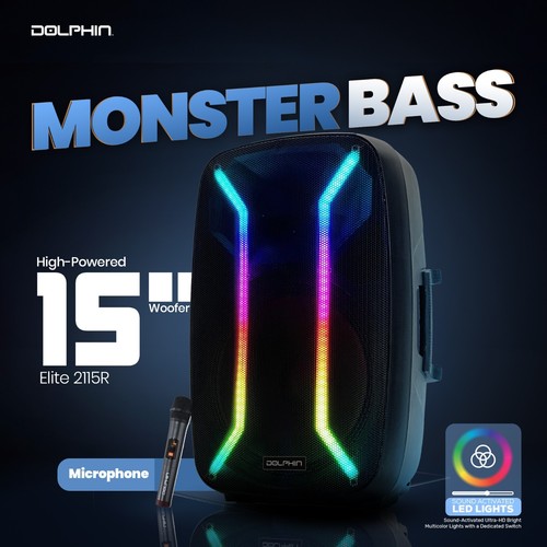 Dolphin 15" Pro Bluetooth Speaker w/ Deep Bass XLR Input for DJ's Events Party - Picture 2 of 7