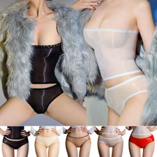 Women Sexy Sheer Oily Shiny Tube Top Briefs Panties Set Wet Look Wrap Skirt