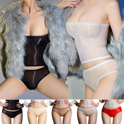 Women Sexy Sheer Oily Shiny Tube Top Briefs Panties Set Wet Look Wrap Skirt