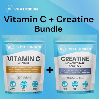 Kreatin Monohydrat Kapseln + Vitamin C Zink Set Tabletten (keine Gummis) Fitnessstudio