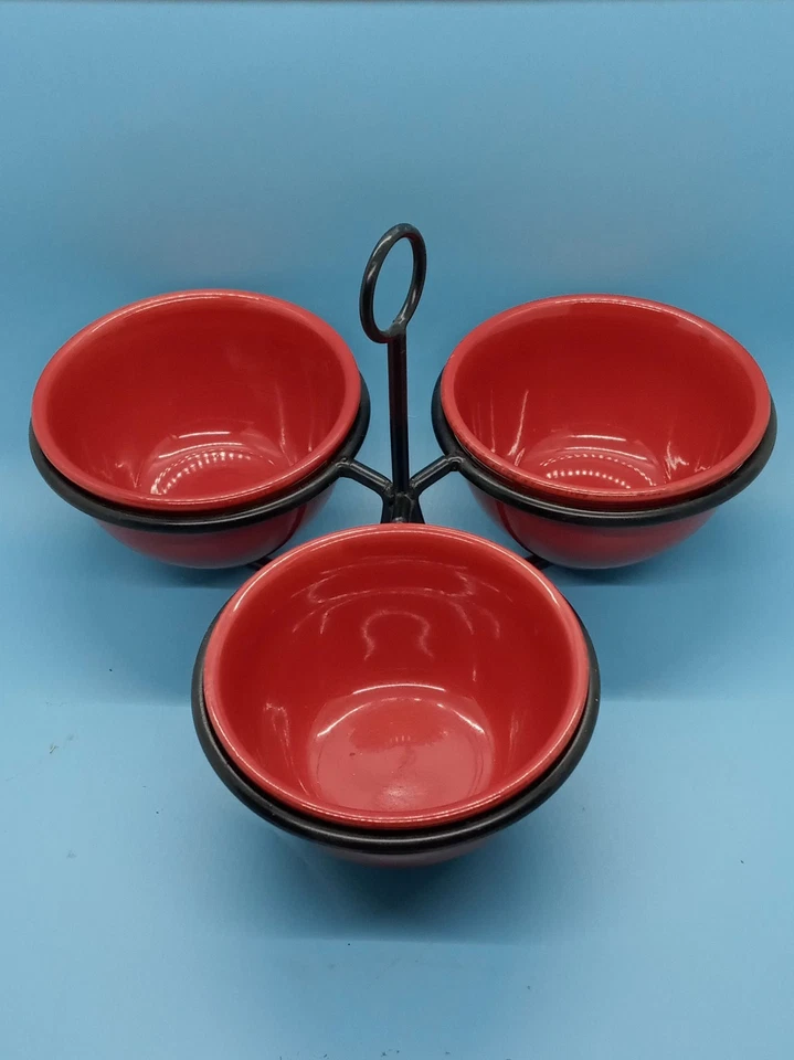 "tag" 3 Bowl Condiment Serving Set W/Black Metal Holder; Paprika Color; Fall - Image 3 of 4