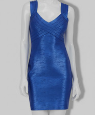 Siena Women's Blue V-Neck Sleeveless Foiled Bandage Knit Bodycon Dress Size: 12