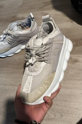 Versace Chain Reaction Beige White Geometric Lace-Up Low Top Sneakers Athletic