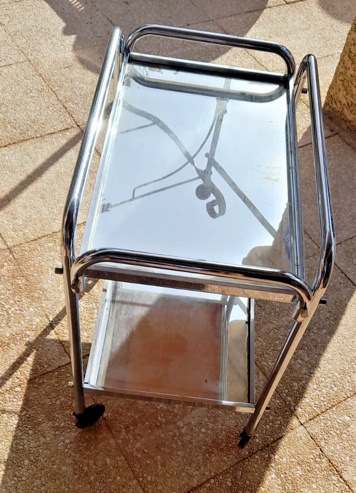 DESSERTE ROULANTE ART DECO CHROME MIROIR 1930 TYPE ADNET - Photo 2/4