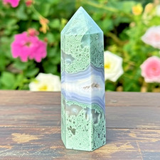 Natural Moss Agate Tower Point Stone Obelisk Wand Crystal Collection Home Decor