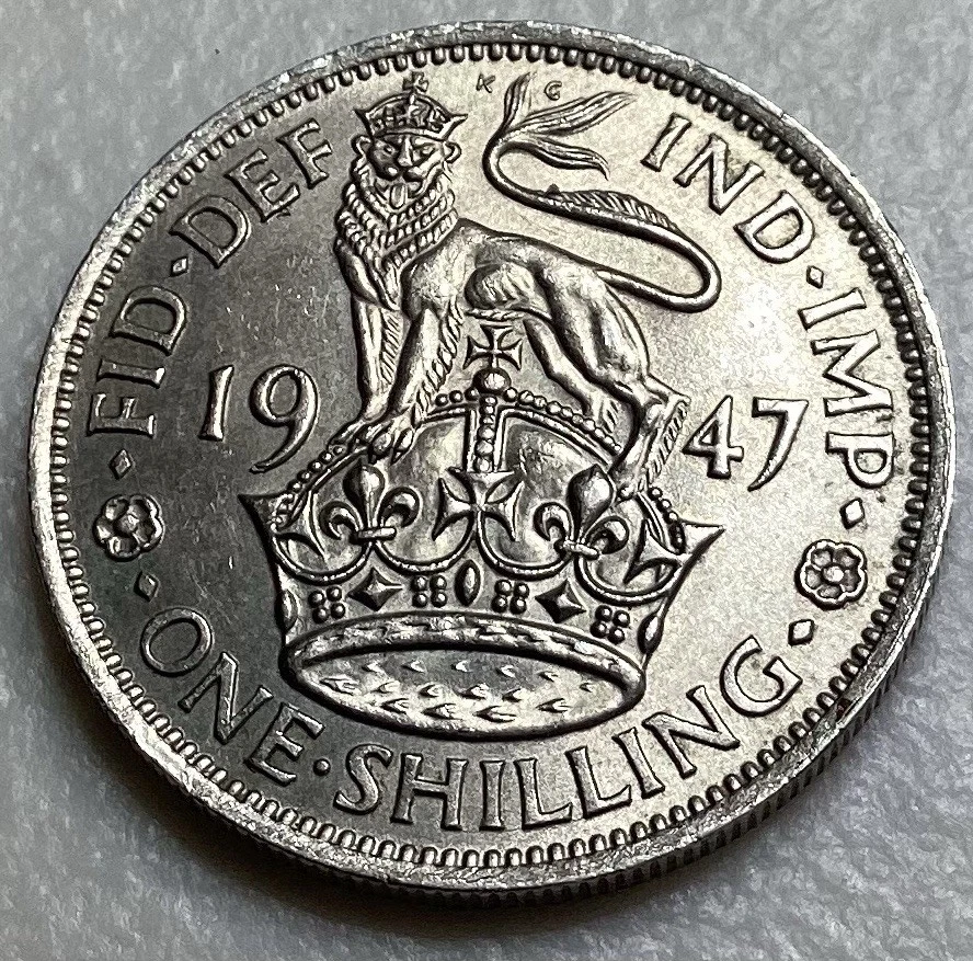 Moneda británica de un chelín 1947 de plata grado 0,500 Foto 2 de 2