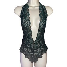 Frederick's of Hollywood Jessica Lace Plunge Halter Teddy Bodysuit Green M NWT