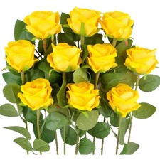 Fake Velvet Yellow Roses Artificial Flowers with Stems Realistic Faux Silk