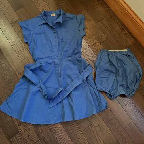 VTG 40s-50s MOORE SZ14 GYM SUIT PE DRESS ROMPER + BLOOMERS BLUE SNAP FRONT PINUP