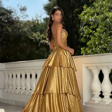 Customized Golden Multi-Layered Backless Strapless Party Dress Satin A-line Prom