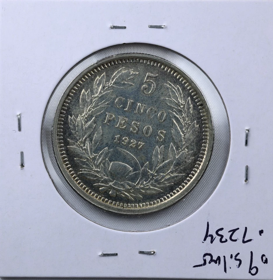 1927 Chile 5 Pesos Condor Km 173 Silver 0.999 Reeded - Image 2 of 4