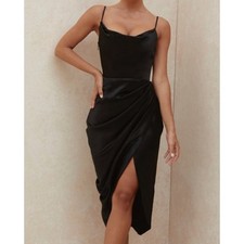 House of CB Reva Black Satin Cocktail Bodycon Dress Womens Medium