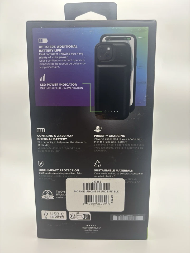 Mophie Juice Pack Charging Case for iPhone 15 – Black | 2,400mAh Battery, Slim - Image 2 of 4