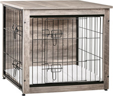 Dog Crate Furniture with Cushion, Wooden Kennel Table with Double Doors, Indoor