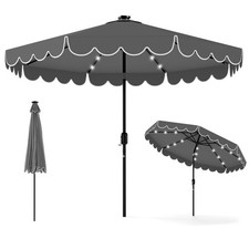 9 FT Solar Patio Umbrella 2-Tiers Scalloped Table Market Umbrella Gray
